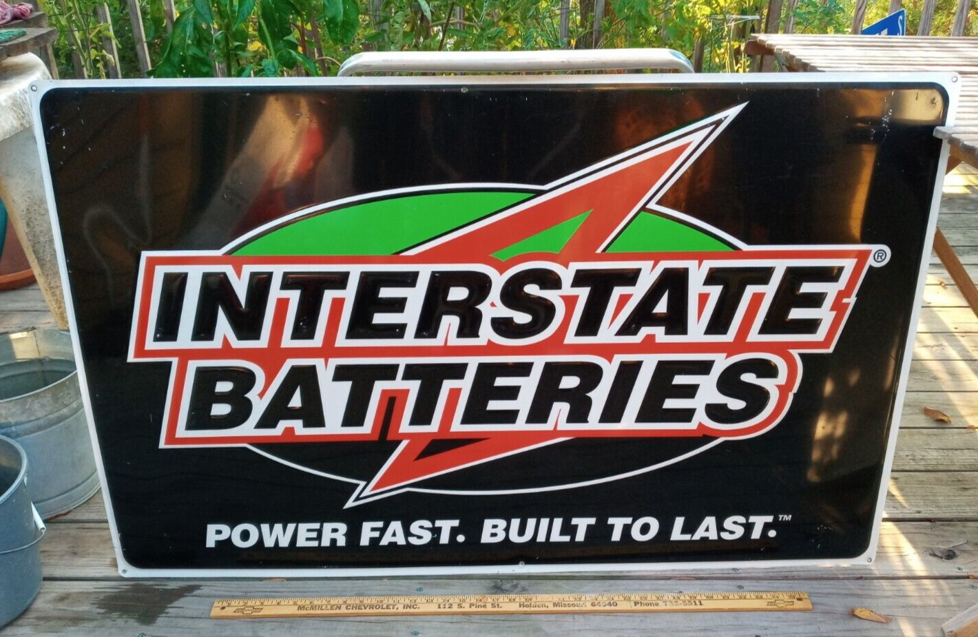 SWEET VINTAGE EMBOSSED ALUMINUM INTERSTATE CAR BATTERIES SIGN GAS/OIL 48″ X 30″