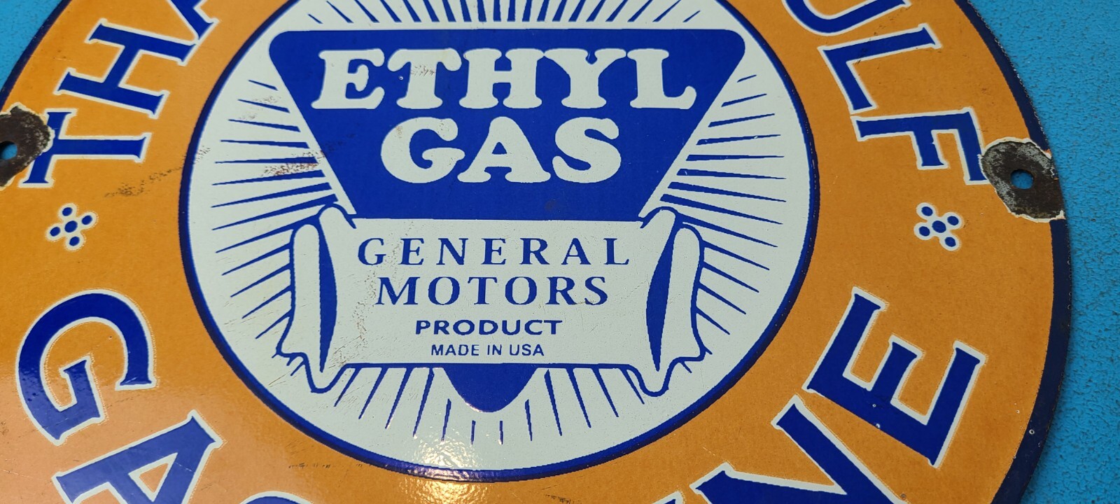 VINTAGE GULF GASOLINE PORCELAIN ETHYL GAS SERVICE STATION GENERAL MOTORS SIGN