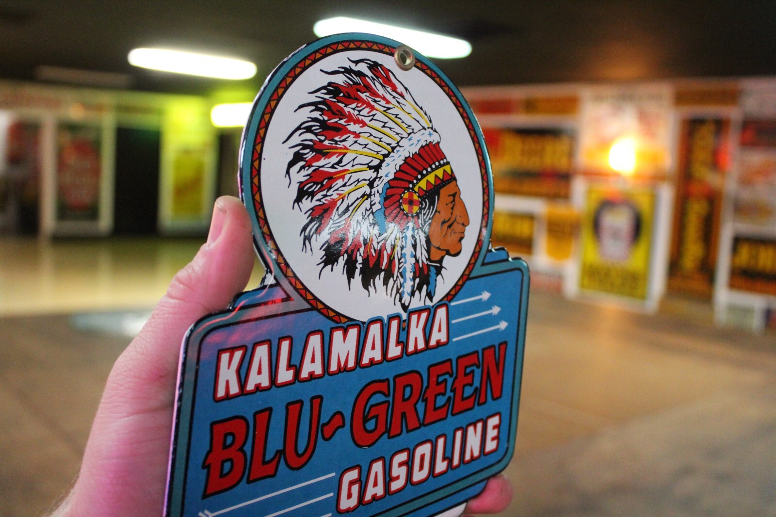 KALAMALKA BLU-GREEN GASOLINE DEALER PORCELAIN METAL SIGN GAS OIL FORD INDIAN
