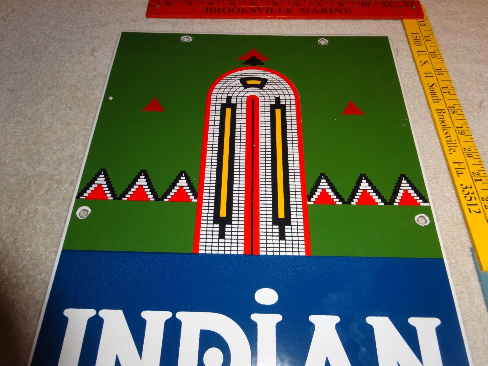 VINTAGE INDIAN GASOLINE 18″ PORCELAIN METAL MOTORCYCLE GAS & OIL PUMP PLATE SIGN