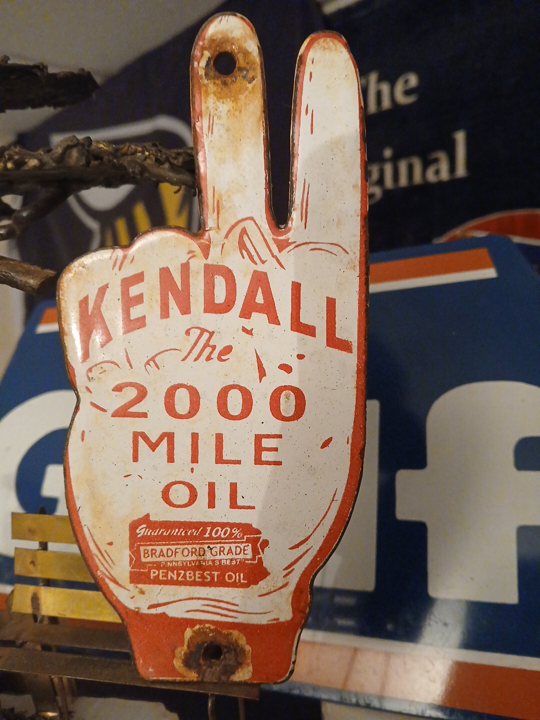 Vtg Kendall Gasoline The 2000 Mile Oil Porcelain Metal License Plate Tag Topper