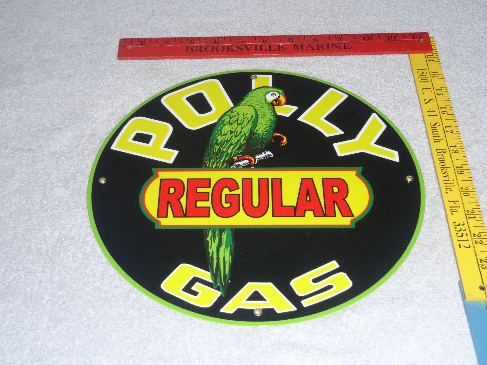 VINTAGE POLLY REGULAR GAS PARROT 🦜 11 3/4″ PORCELAIN METAL GASOLINE & OIL SIGN