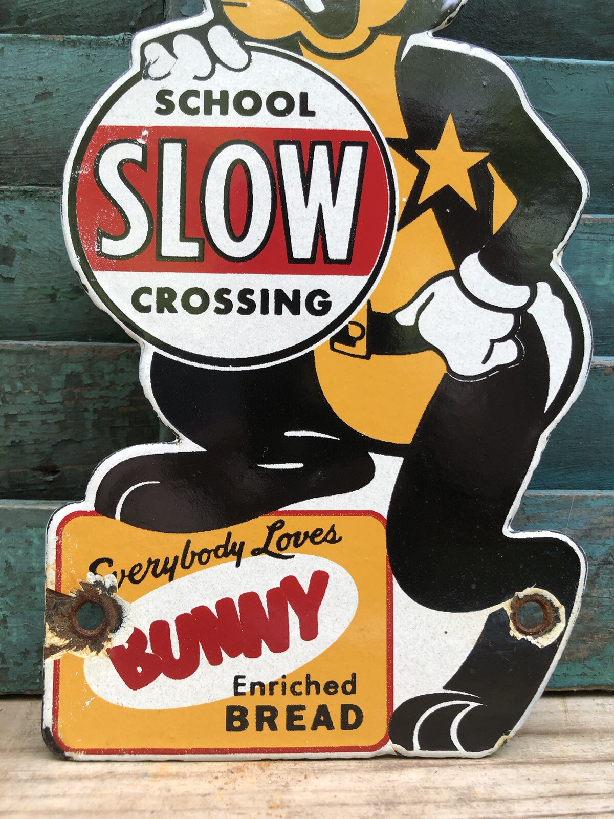 VINTAGE BUNNY BREAD 11” PORCELAIN SLOW SCHOOL CROSSING EVERYBODY LOVES SIGN
