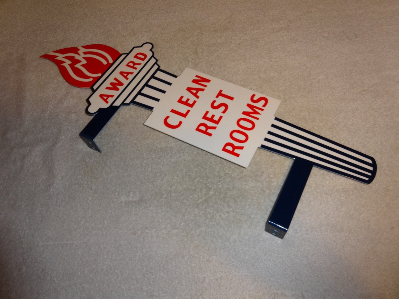 VINTAGE STANDARD GASOLINE TORCH CLEAN RESTROOM HUGE 2′ METAL AWARD BATHROOM SIGN
