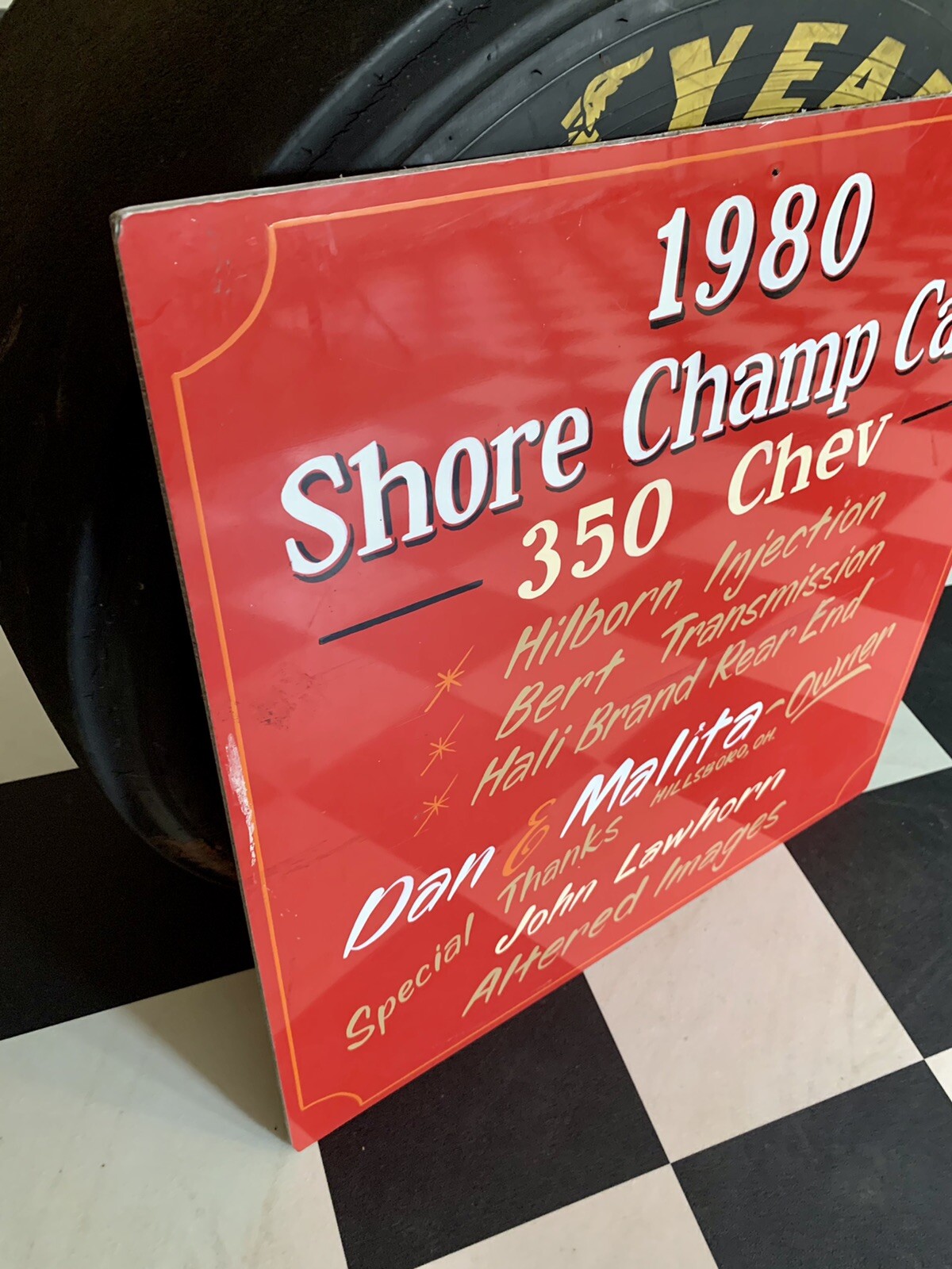 Vintage Chevrolet Sign Advertising 1980 Shore Champ Car 350 Racing Gas Oil Race