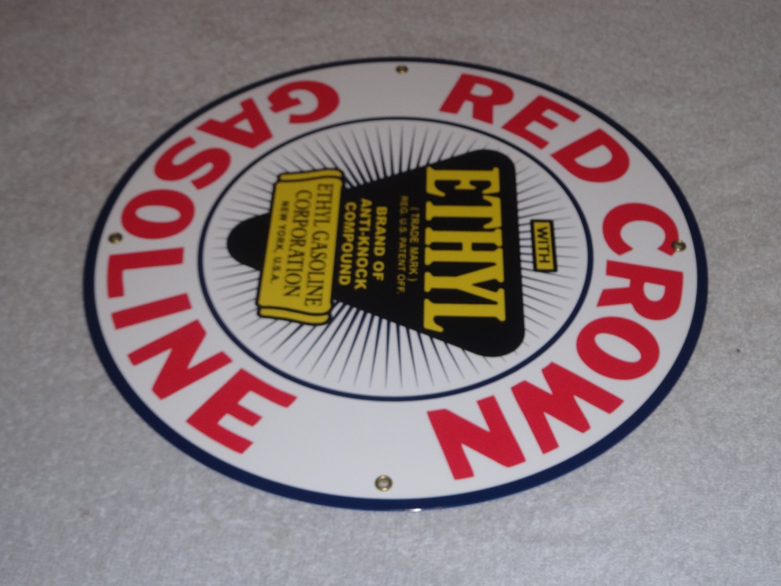 VINTAGE RED CROWN ETHYL GAS 11 3/4″ PORCELAIN METAL STANDARD GASOLINE & OIL SIGN