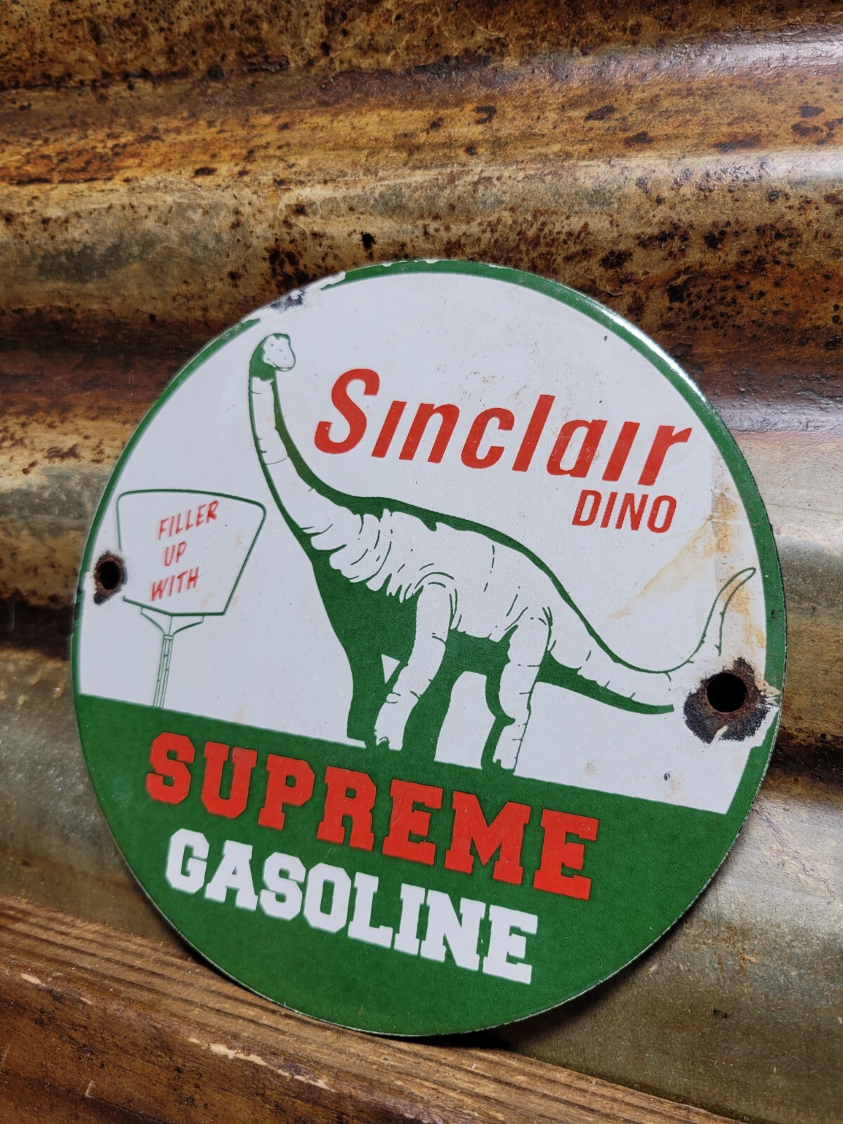 VINTAGE SINCLAIR PORCELAIN SIGN DINO SUPREME GASOLINE MOTOR OIL SALES SERVICE 6″