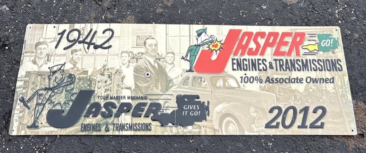 Jasper Engines Transmissions SIGN 30×10″ Auto Mechanic Advertising Since 1942