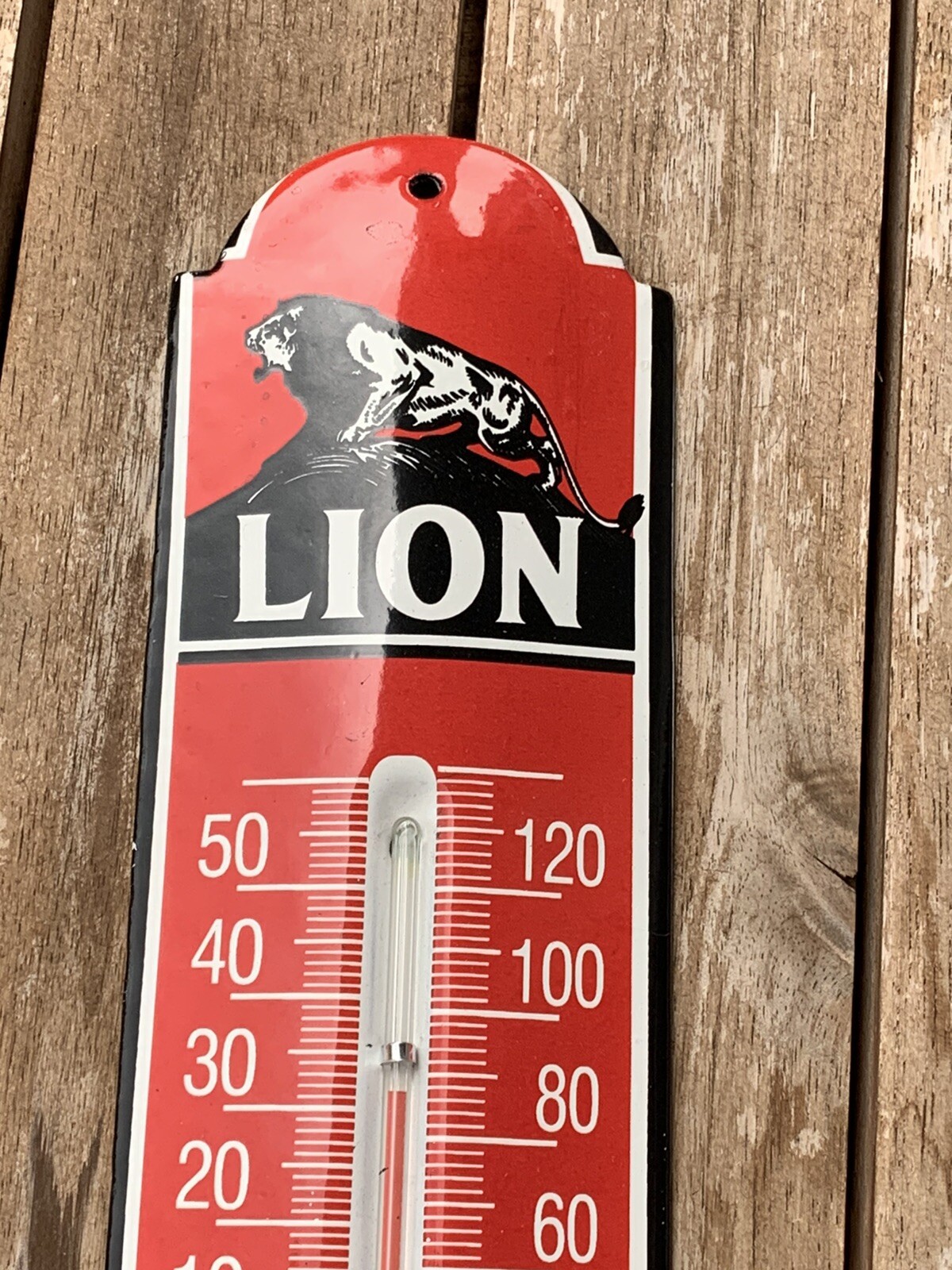 Vintage Style Lion Gasoline Oil Gas Pump Service Porcelain Thermometer Sign