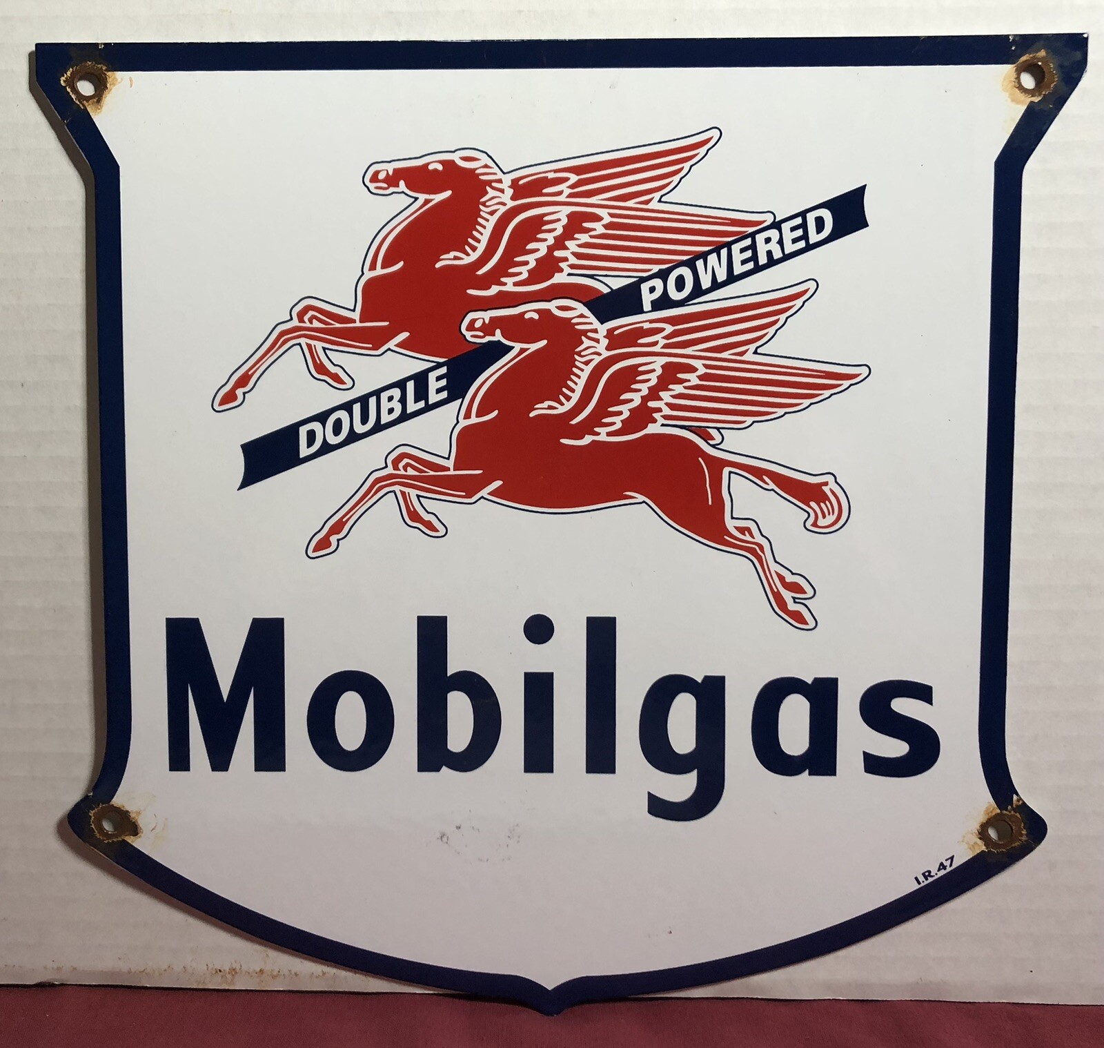 VINTAGE MOBILGAS DOU LE POWERED PORCELAIN GAS PUMP SIGN MOBIL MOBILOIL