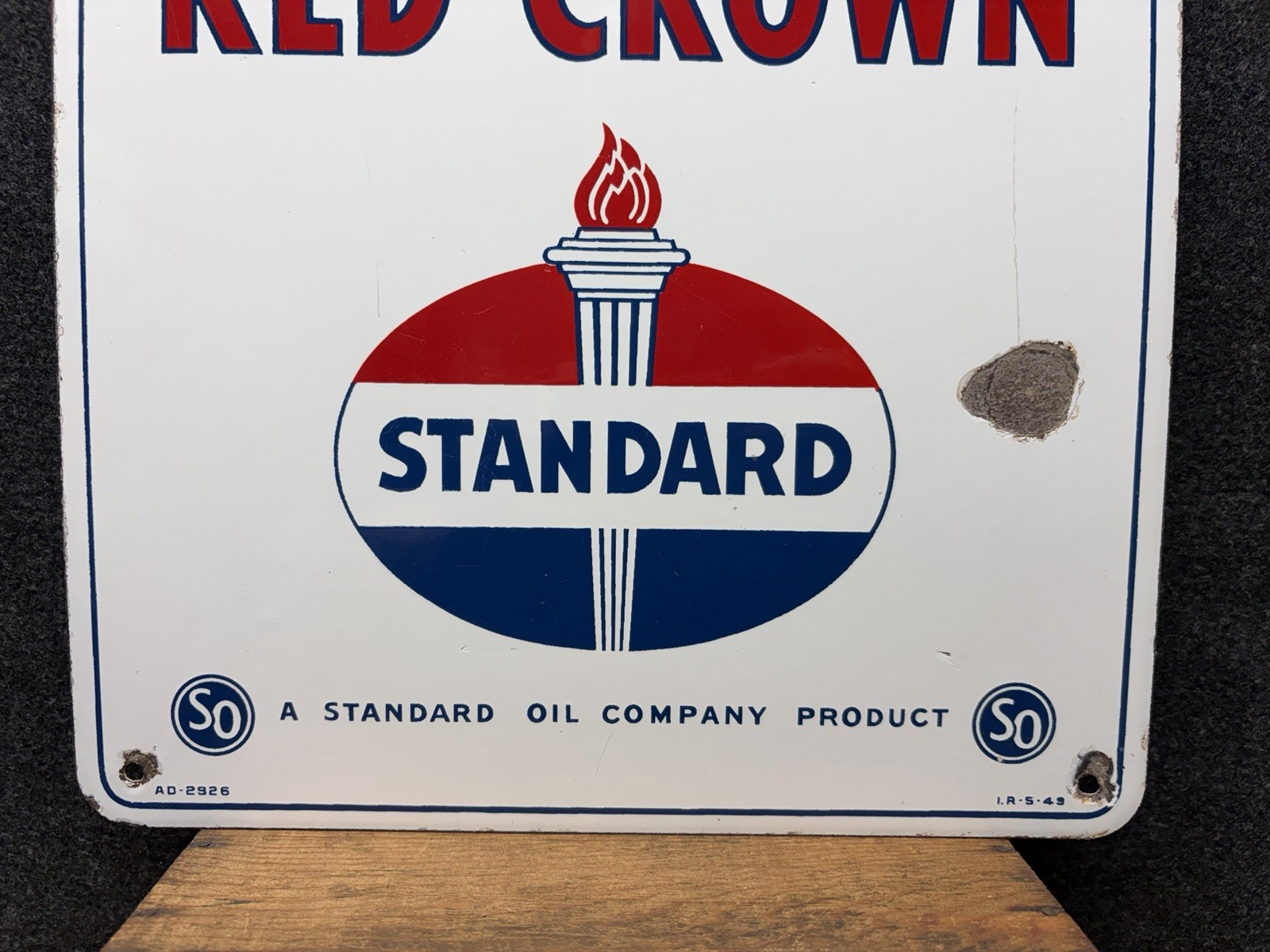 Vtg 1949 Standard Oil Red Crown Gasoline Porcelain Gas Pump Plate Sign 15” X 12”