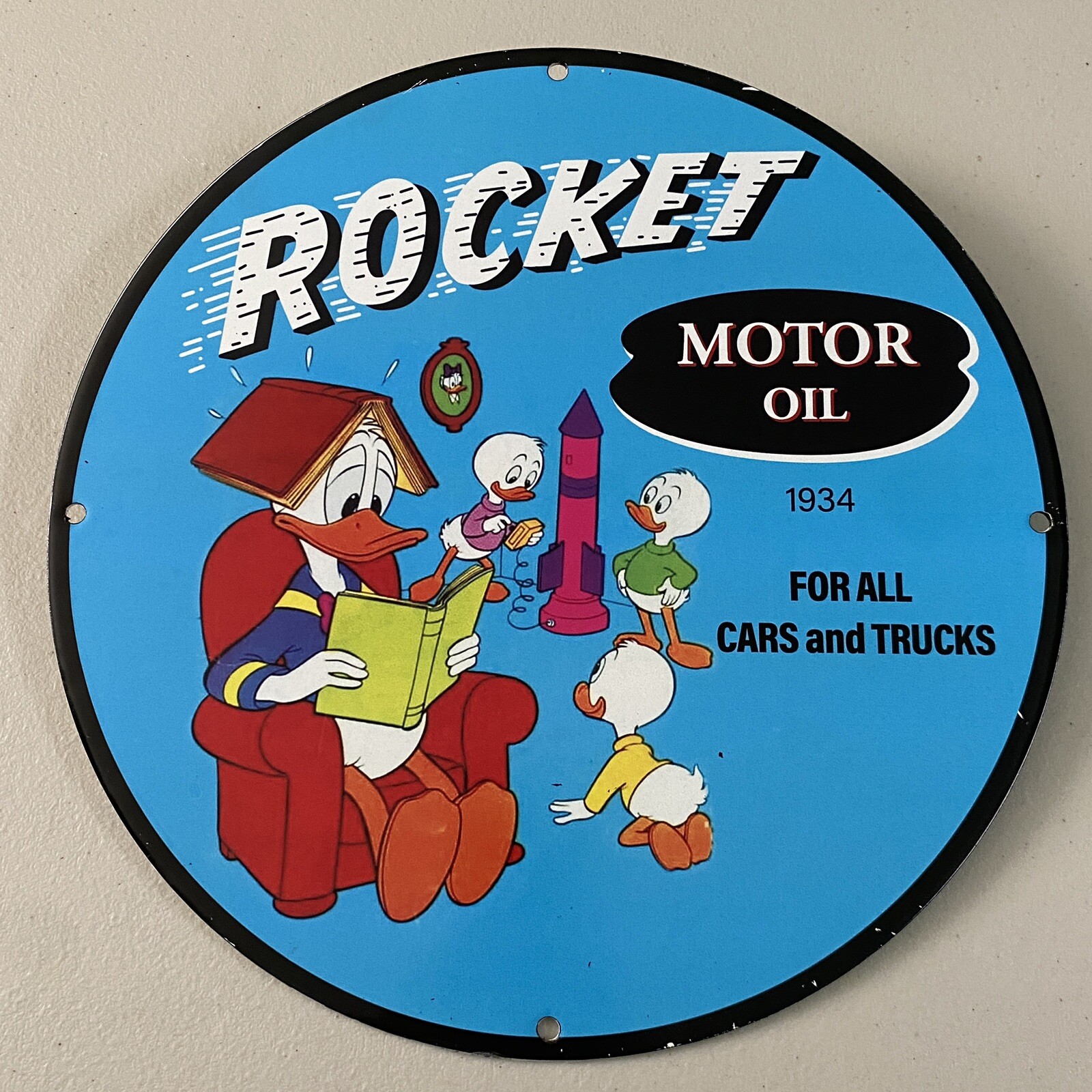 VINTAGE ROCKET PORCELAIN SIGN GAS MOTOR OIL LUBE PETROL CARS TRUCKS PUMP PLATE