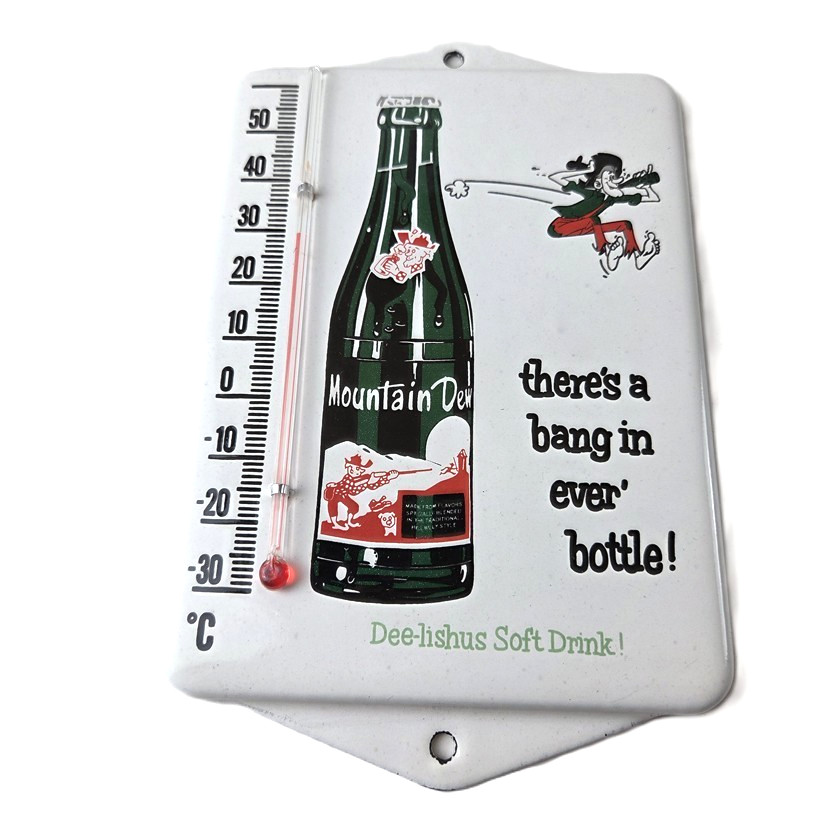 Vintage Mountain Dew Porcelain Sign – Soda Gas Pump Ad Thermometer Sign