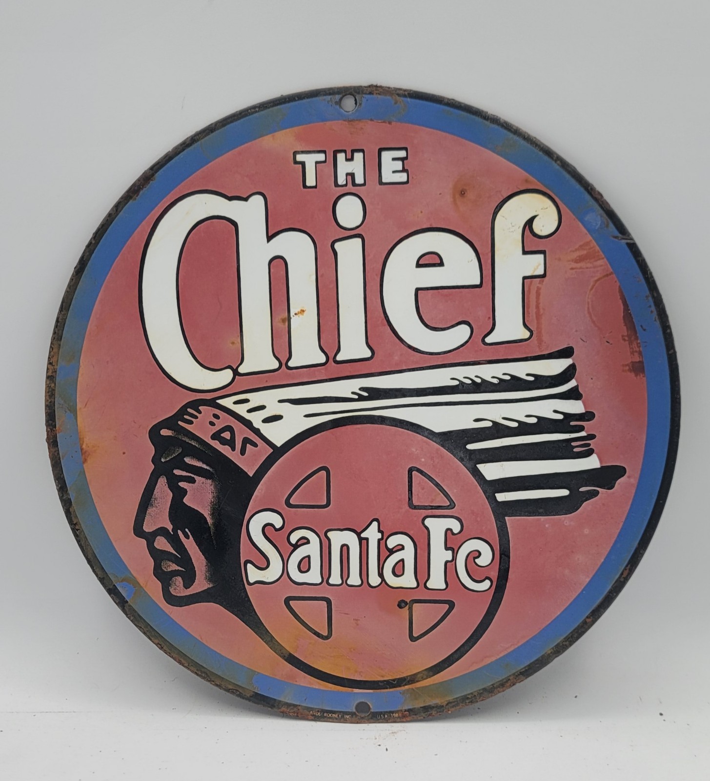 Vintage The Chief Santa Fe Railroad Railway Rustic Porcelain Enameled Metal Sign