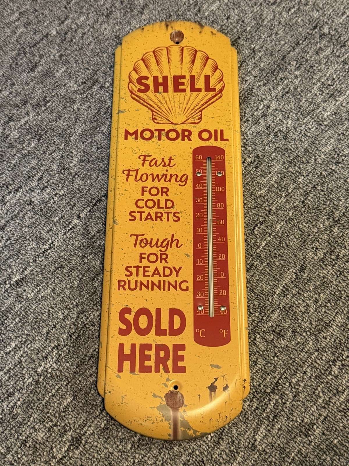 Shell Motor Oil Metal Thermometer Sign Service Station Oil Vintage Look 17” X 5”