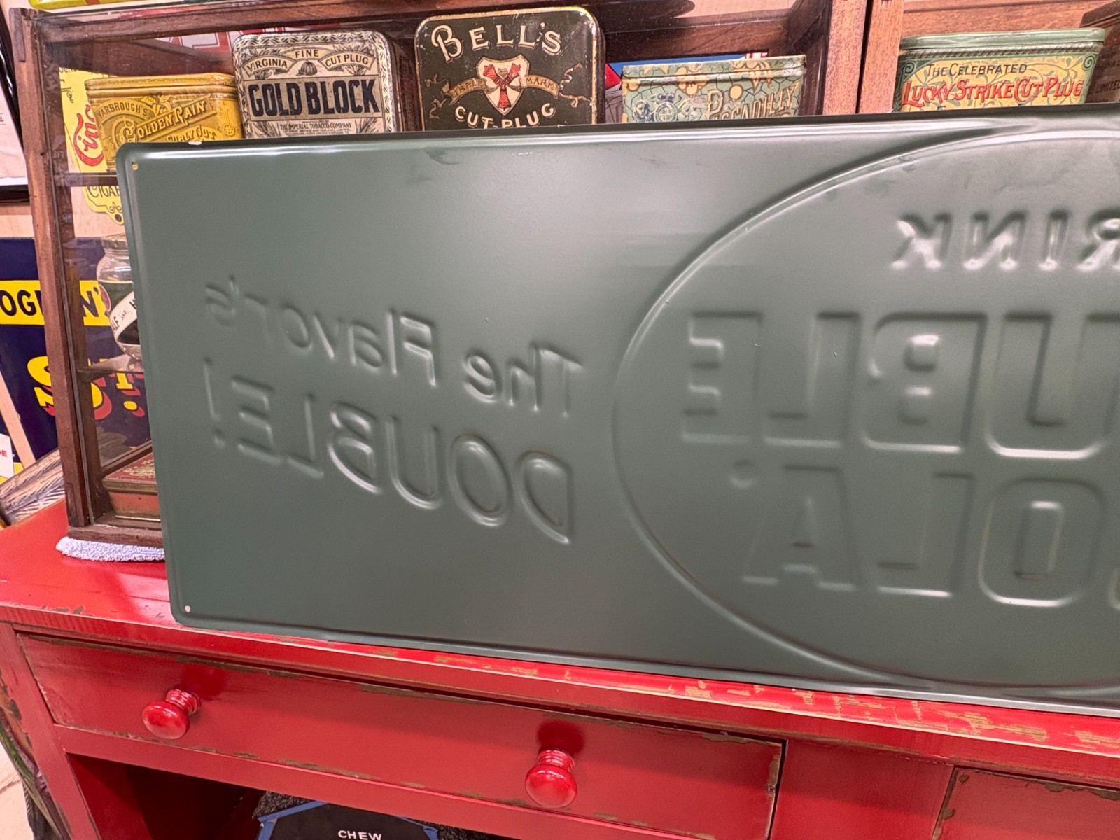 “DOUBLE COLA” LARGE EMBOSSED METAL ADVERTISING SIGN, (42″x 14″) NICE CONDITION
