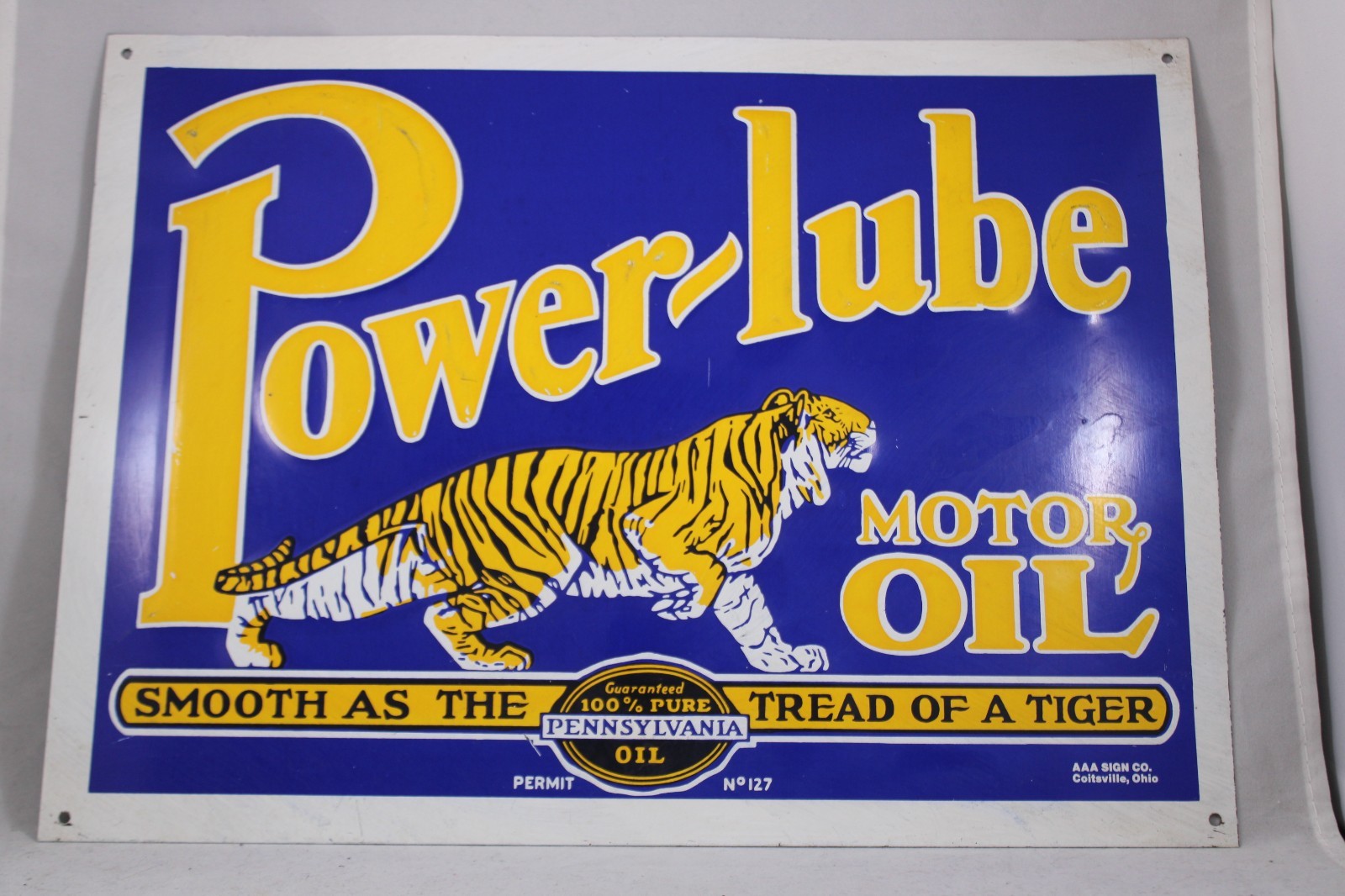 Vintage Embossed Power-lube Motor Oil Sign Tiger Gas Garage Wall Decor Man Cave