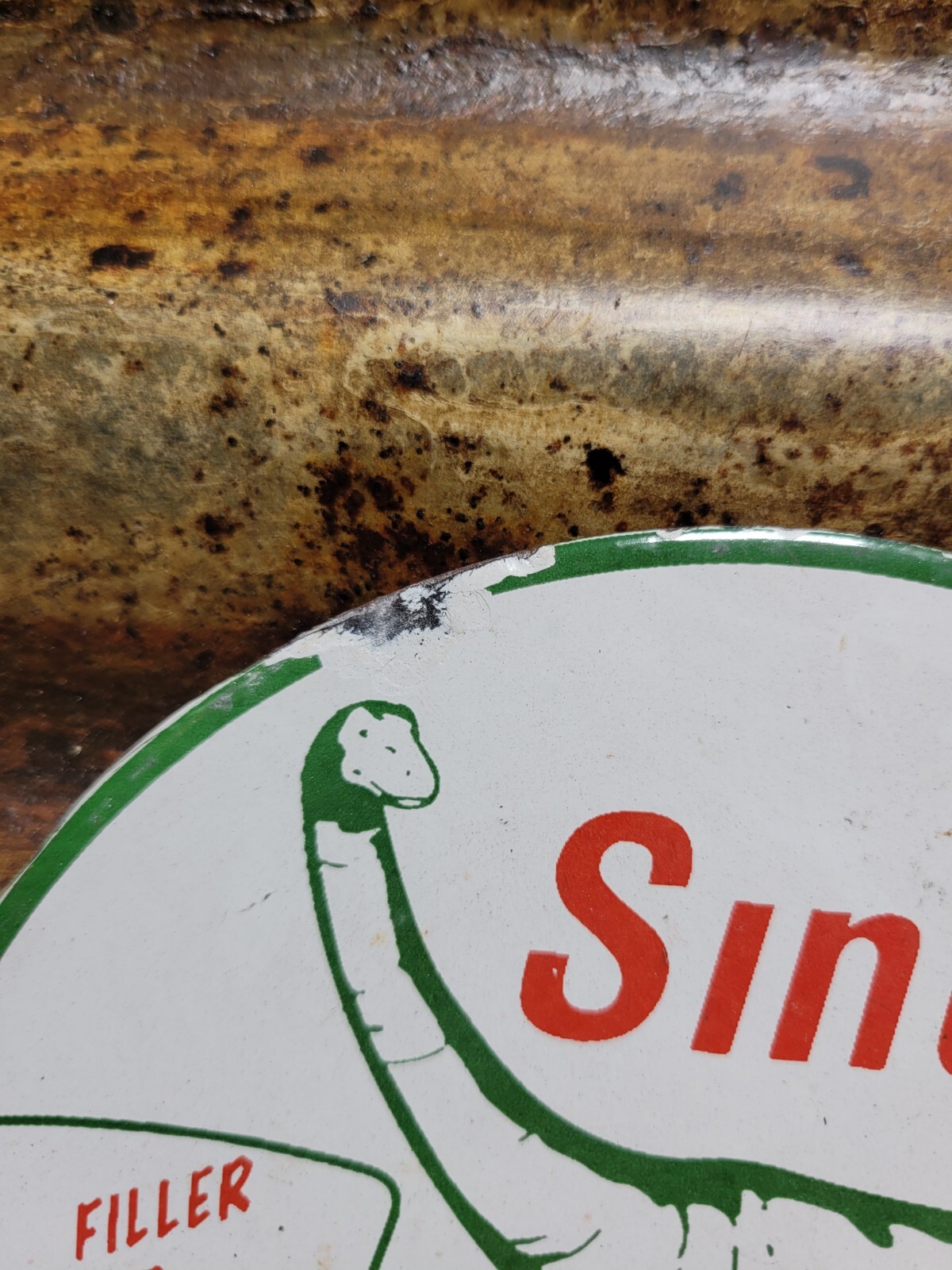 VINTAGE SINCLAIR PORCELAIN SIGN DINO SUPREME GASOLINE MOTOR OIL SALES SERVICE 6″