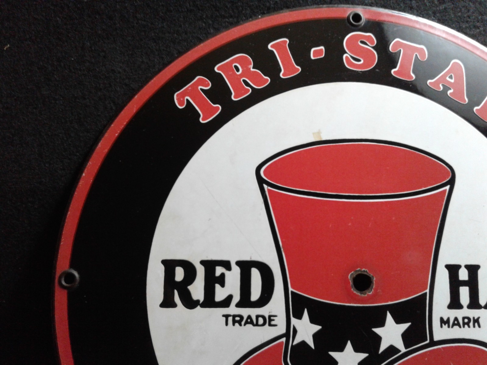 Contemporary Tri- Star Gasoline Red Hat Trade Mark Round Pump Plate Sign 11-1/4″