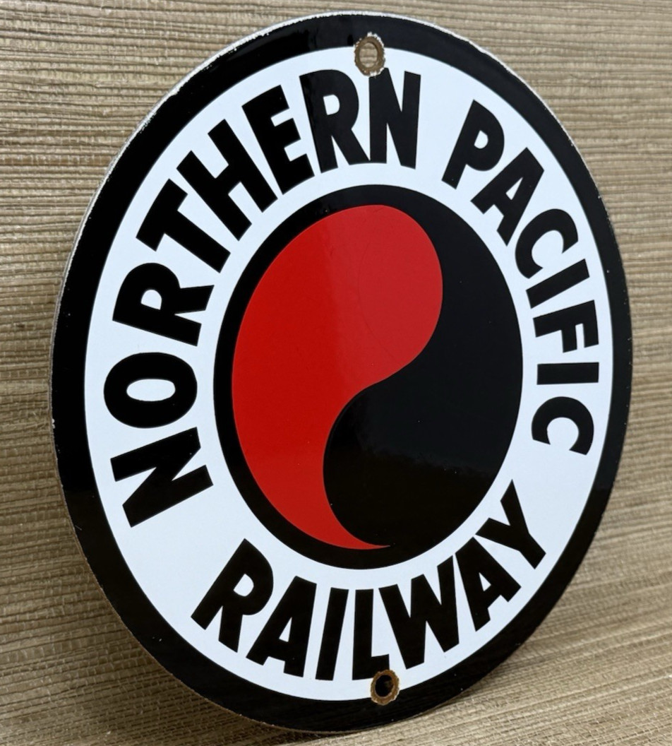 VINTAGE NORTHERN PACIFIC RAILWAY PORCELAIN SIGN GAS OIL TRAIN STATION BURLINGTON
