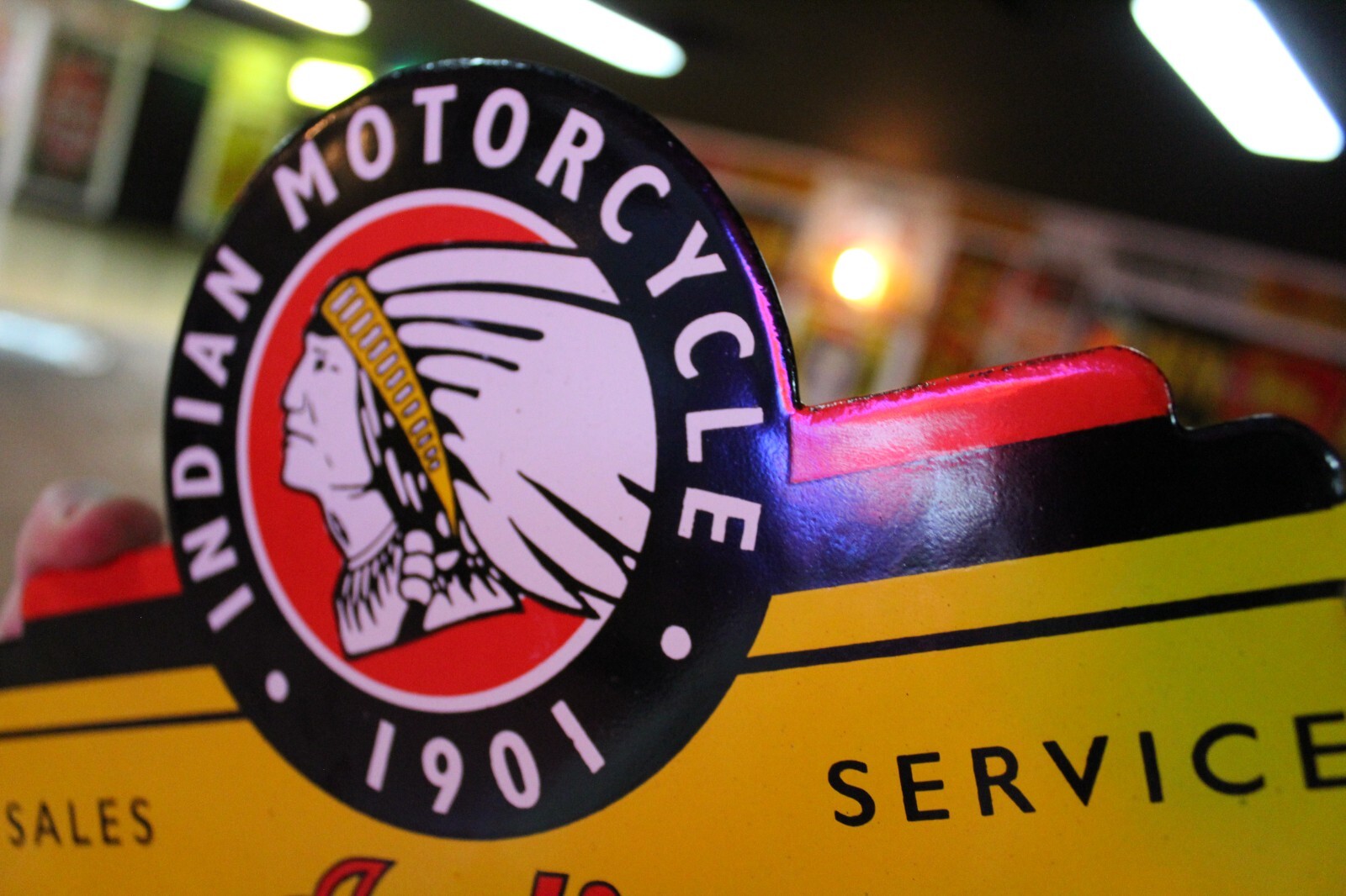 INDIAN MOTORCYCLE DEALER SALES SERVICE PORCEALIN METAL SIGN HARLEY GAS OIL FORD