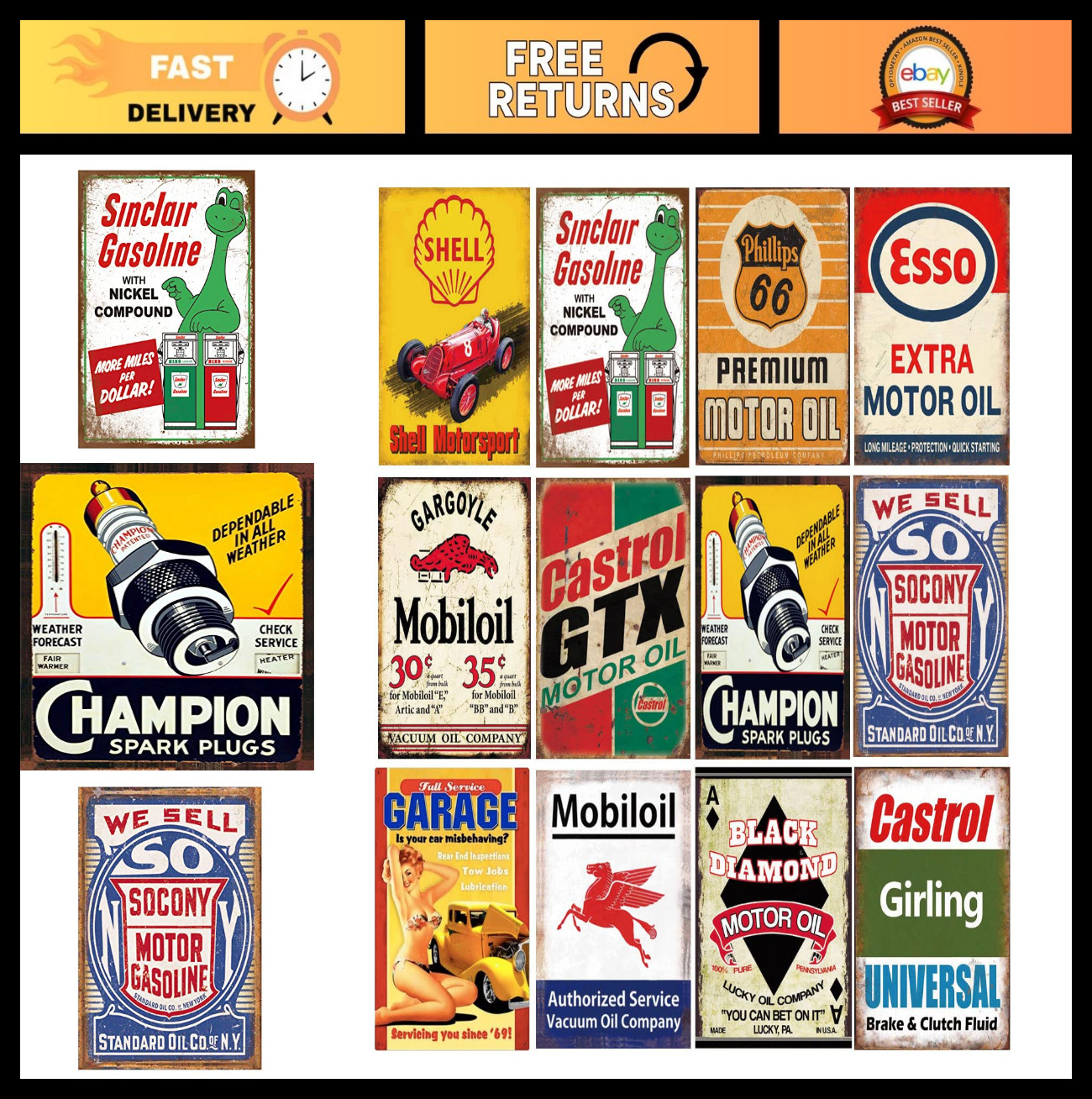 12 Retro Vintage Gas & Oil Tin Signs – Metal Wall Art for Home, Garage, Man Cave