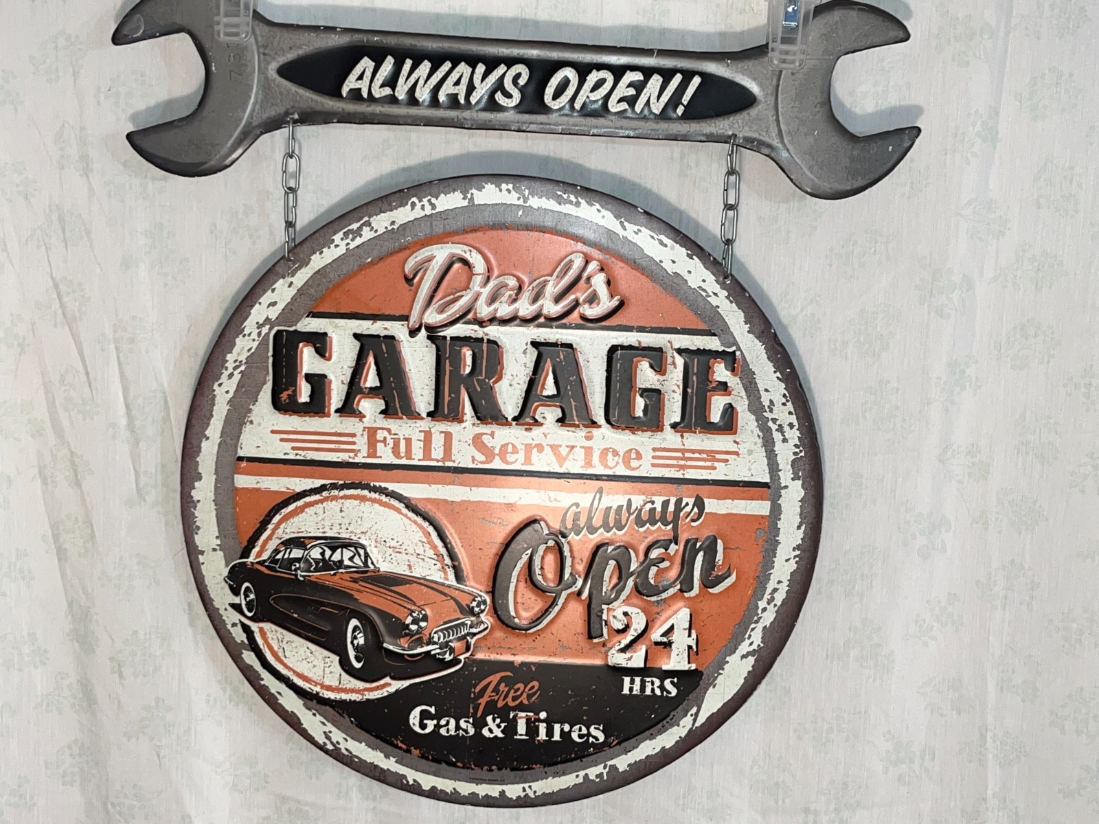Large Vintage Style Dad’s Full Service Garage Always Open Metal Wall Mount Sign