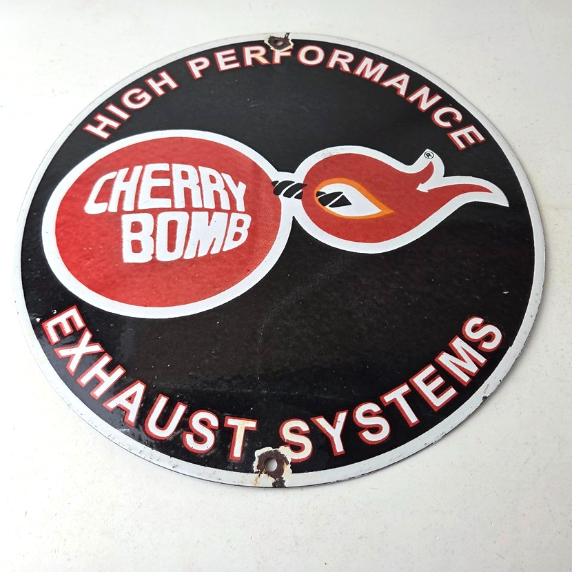 Vintage Cherry Bomb Sign – Auto Mechanic Exhaust Gas Pump Hot Rod Porcelain Sign