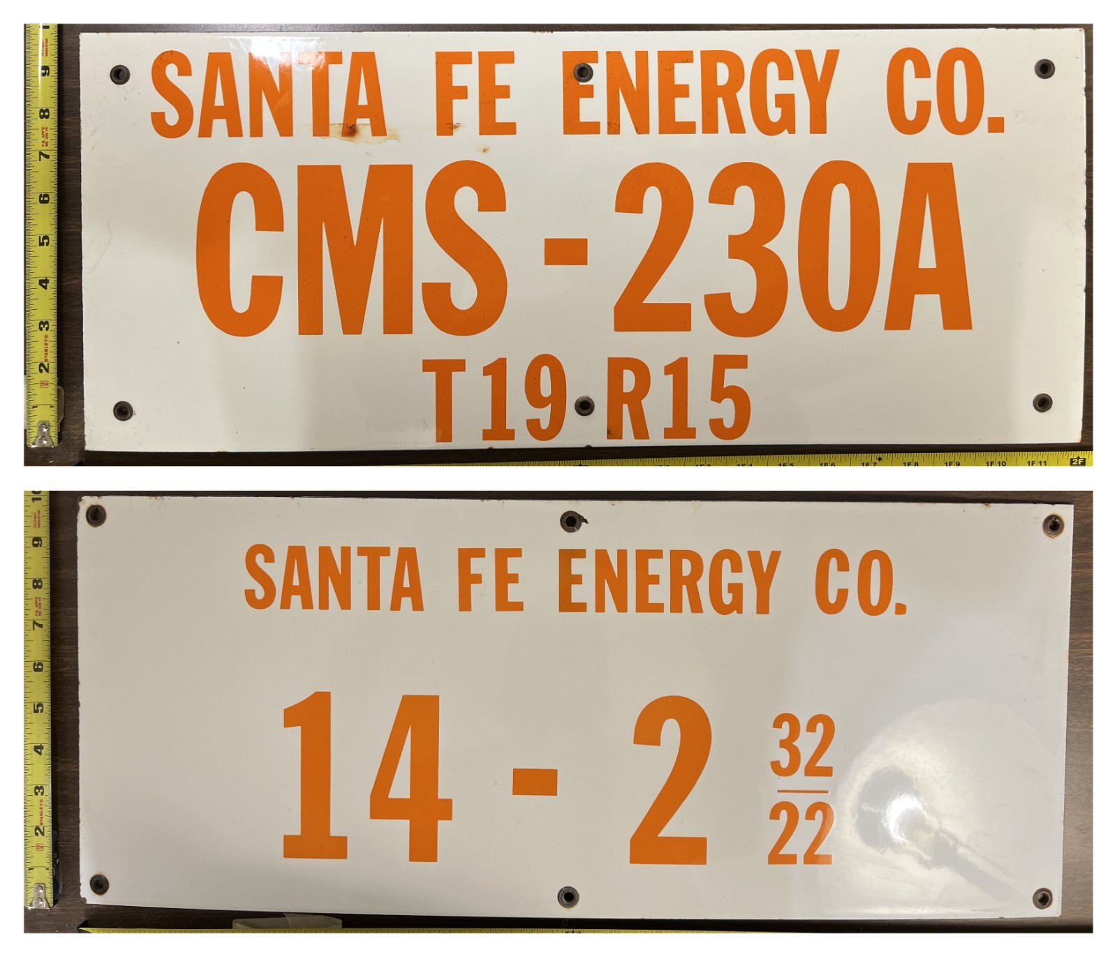 Vintage Porcelain Oil Field Signs (2) – Santa Fe Energy Co. CMS-230A / 14-2