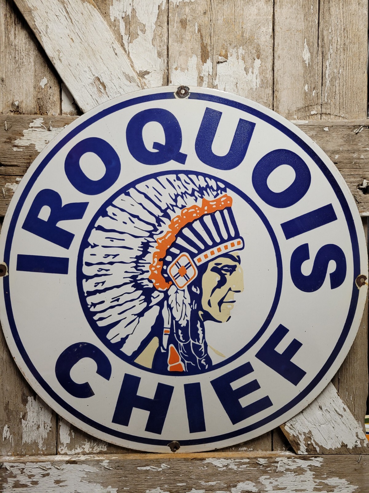 VINTAGE IROQUOIS CHIEF PORCELAIN SIGN 30″ GASOLINE DEALER RARE MOTOR OIL SERVICE