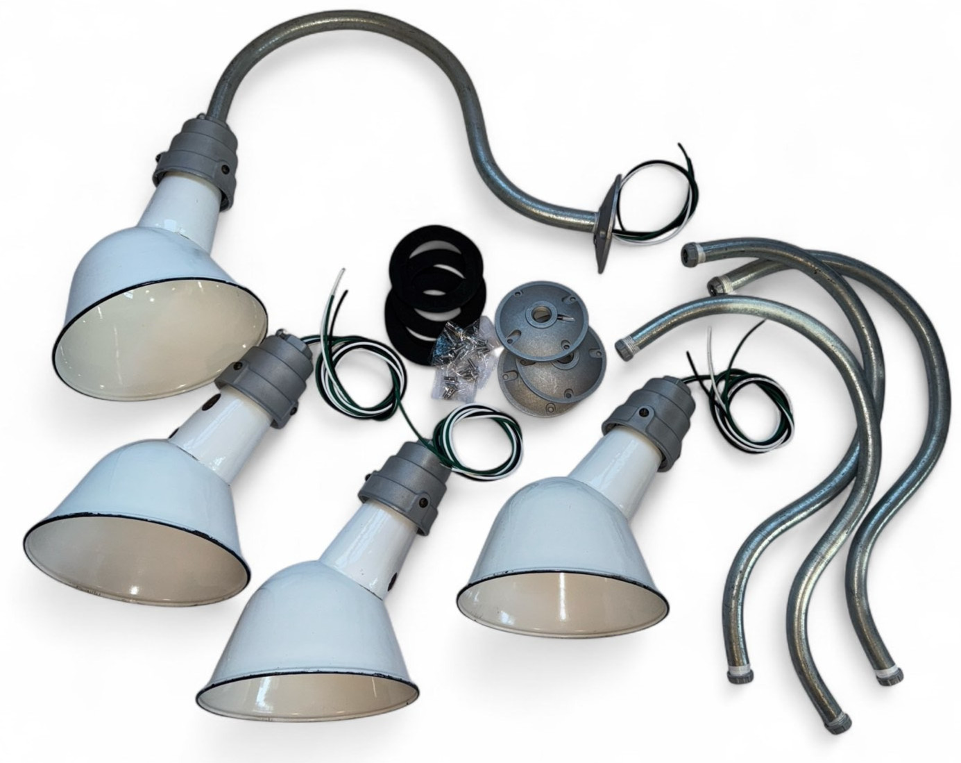 SET of 4 Quad 8″ Gooseneck White Porcelain Sign Lights Gas Station Vintage Angle