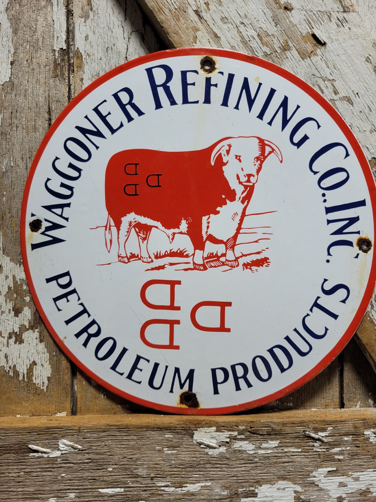 VINTAGE WAGGONER REFINING CO PORCELAIN SIGN PETROLEUM OIL CATTLE DDD RANCH STEER