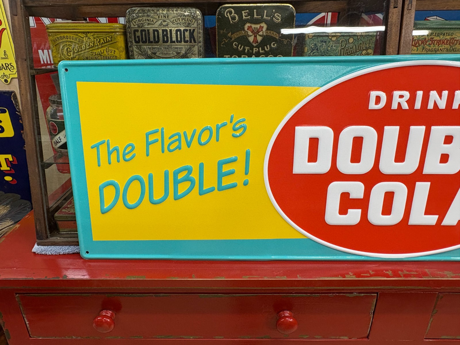 “DOUBLE COLA” LARGE EMBOSSED METAL ADVERTISING SIGN, (42″x 14″) NICE CONDITION