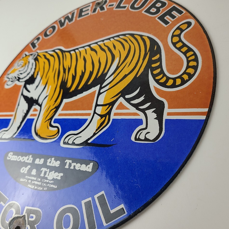 Vintage Power Lube Gasoline Sign – Tiger Motor Oil Gas Pump Ad Porcelain Sign