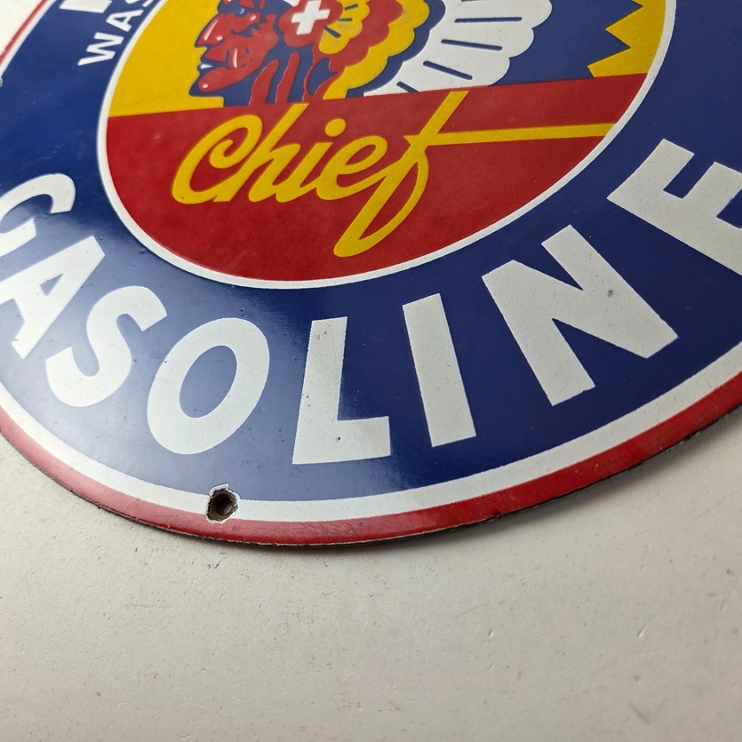 Vintage Idaho Gasoline Sign – Indian Chief Gas Motor Oil Pump Porcelain Sign