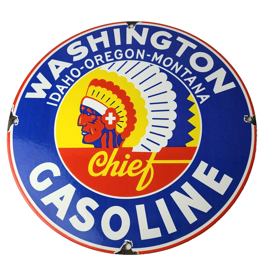 Vintage Washington Gasoline Sign – Indian Chief Gas Pump Porcelain Service Sign