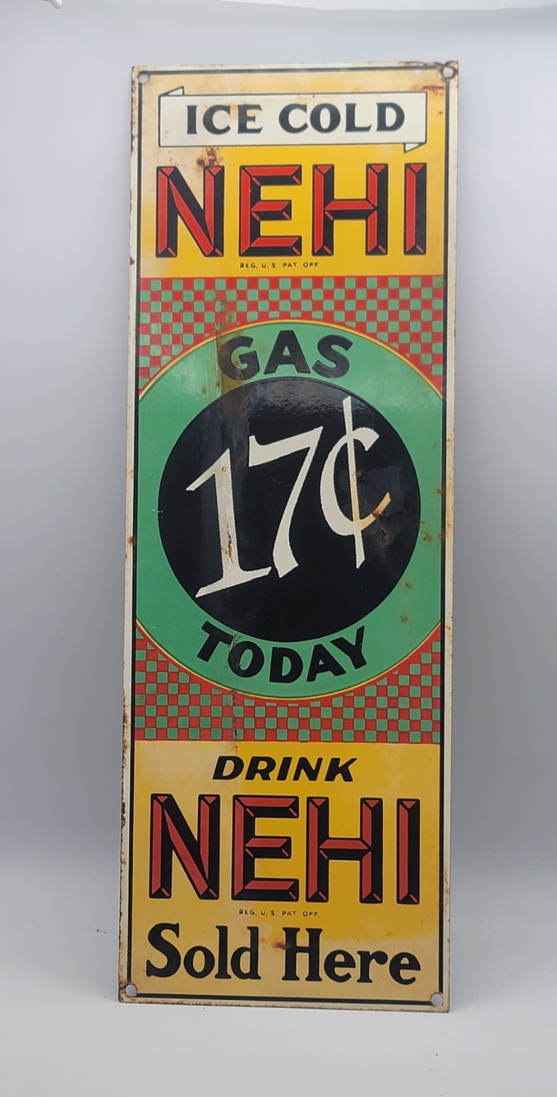 Vintage Drink Nehi Gas 17 Cents Rustic Porcelain Enameled Metal Sign