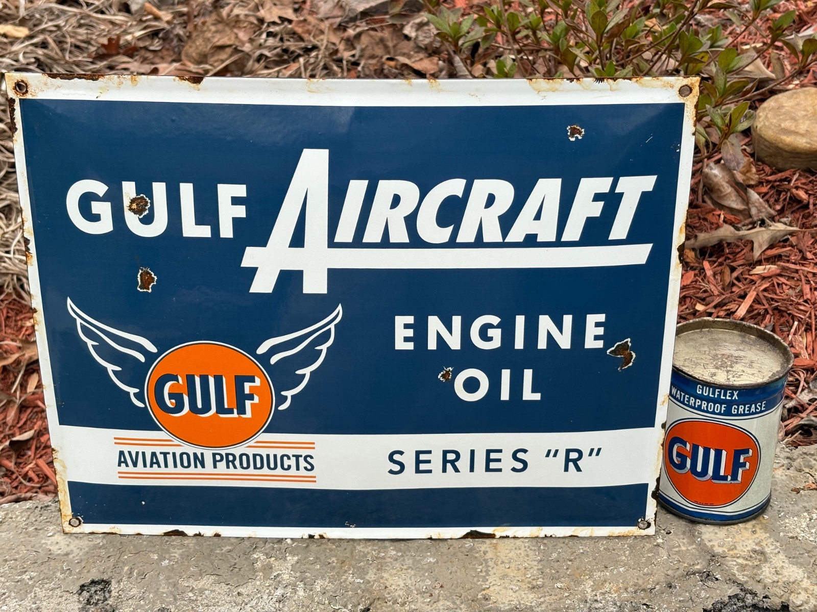 “GULF AIRCRAFT ENGINE OIL” PORCELAIN SIGN, (16″x 13″) GOOD COND, GREAT SIGN