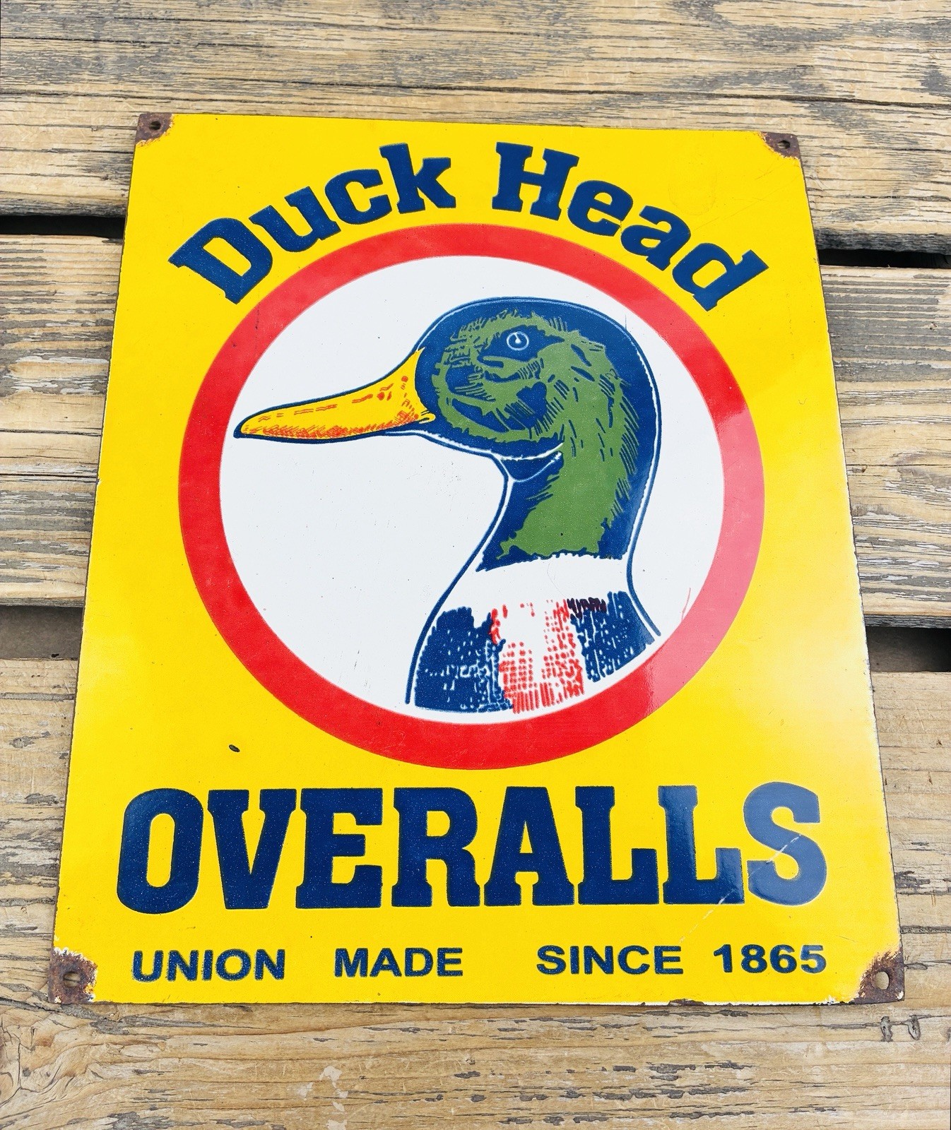 VINTAGE Duck Head OVERALLS UNION MADE SERVICE PUMP STATION PORCELAIN GAS SIGN