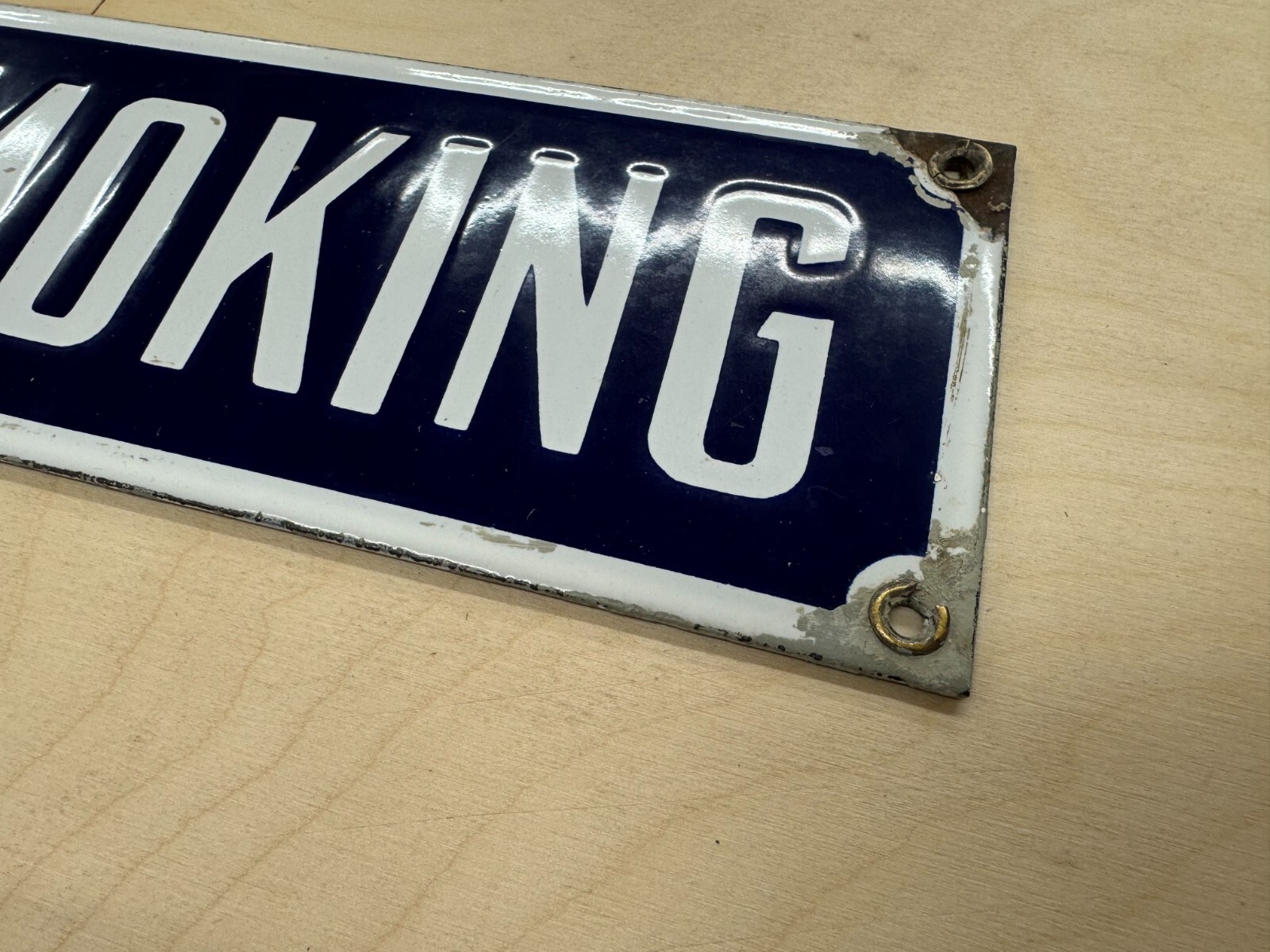VINTAGE AUTHENTIC “NO SMOKING” PORCELAIN SIGN AT 12″ X 3-1/2″~ THICK SHELVING!