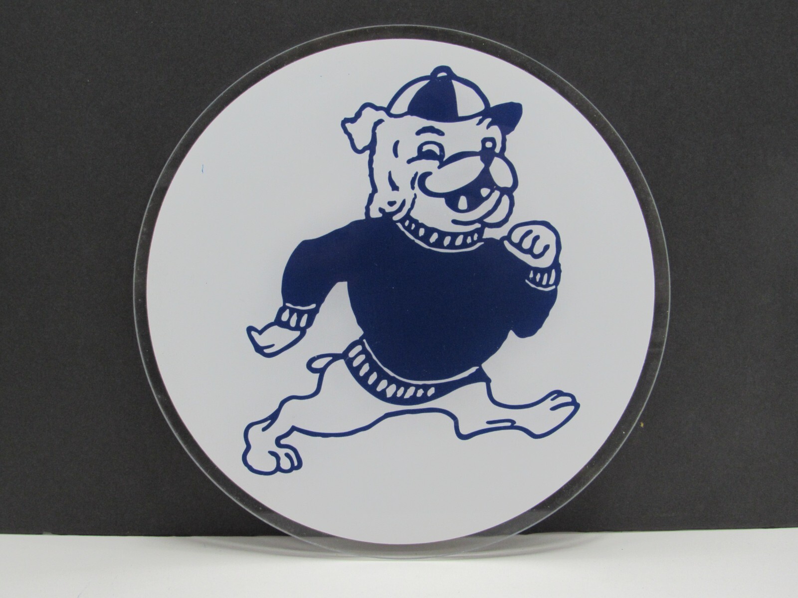Lot Of 2 BULLDOG Blue & White Graphic Round Plexiglass ADVERTISEMENT 10″ Sign#CB