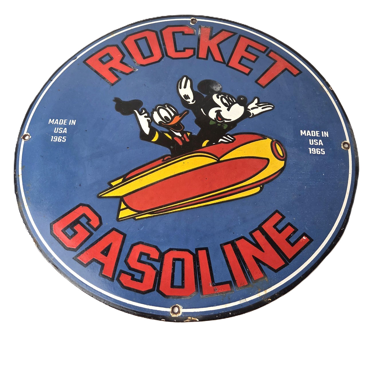 Vintage Rocket Motor Oil Sign – Mickey Mouse Gas Station Pump Porcelain Sign