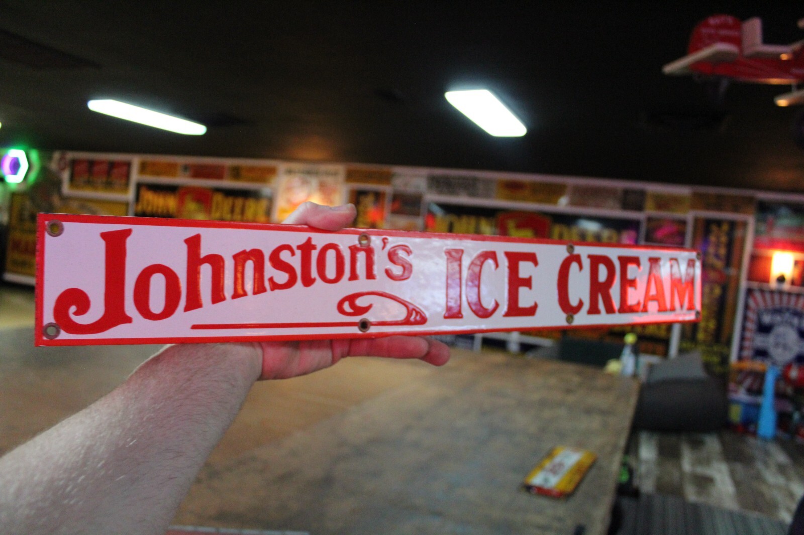 JOHNSTON’S ICE CREAM DEALER PORCELAIN METAL SIGN GAS OIL SODA DAIRY BARN COW