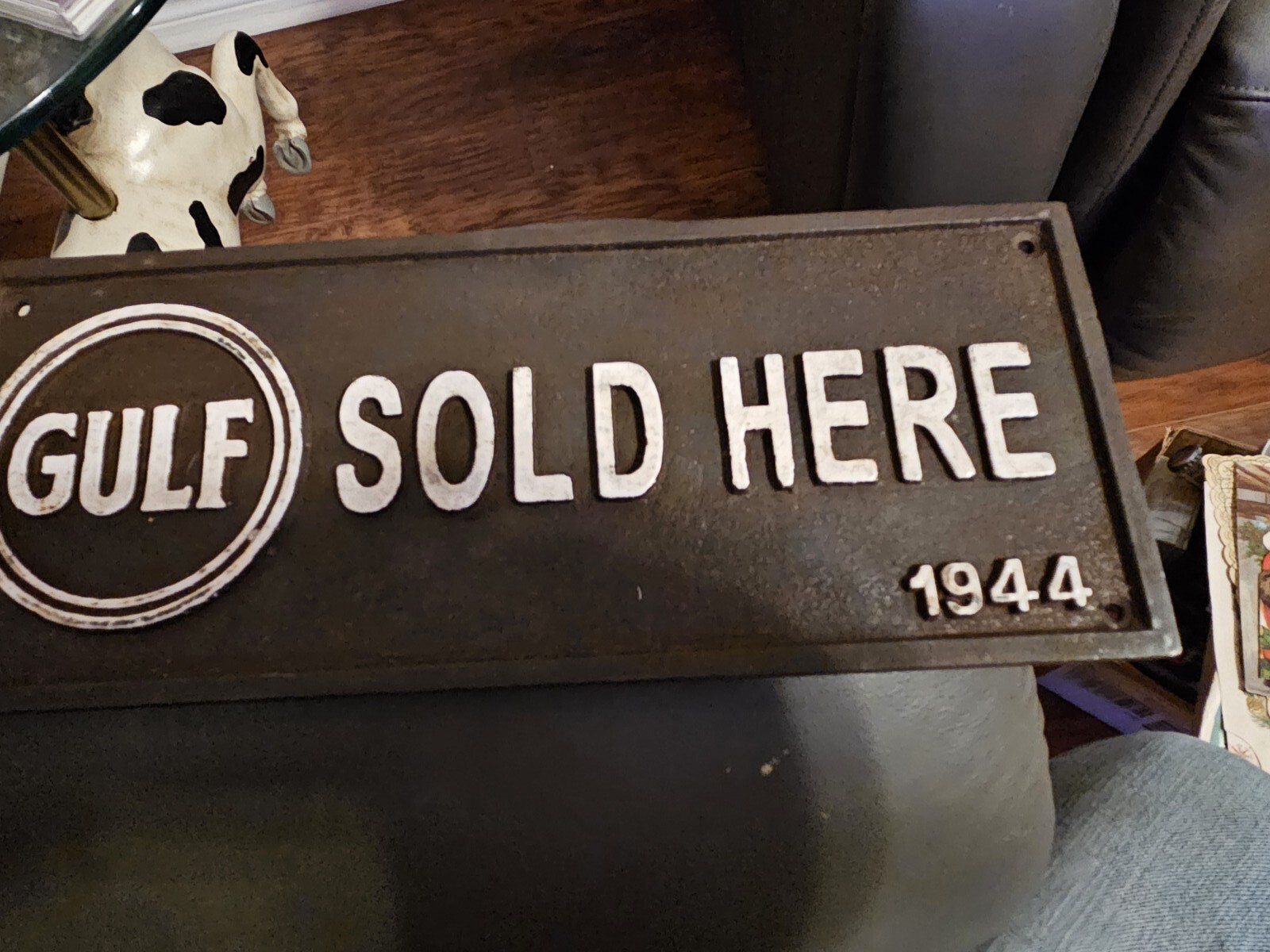 Gulf Sold Here 1944 Cast Iron Sign 11 Inch By 4 1/2 Imches