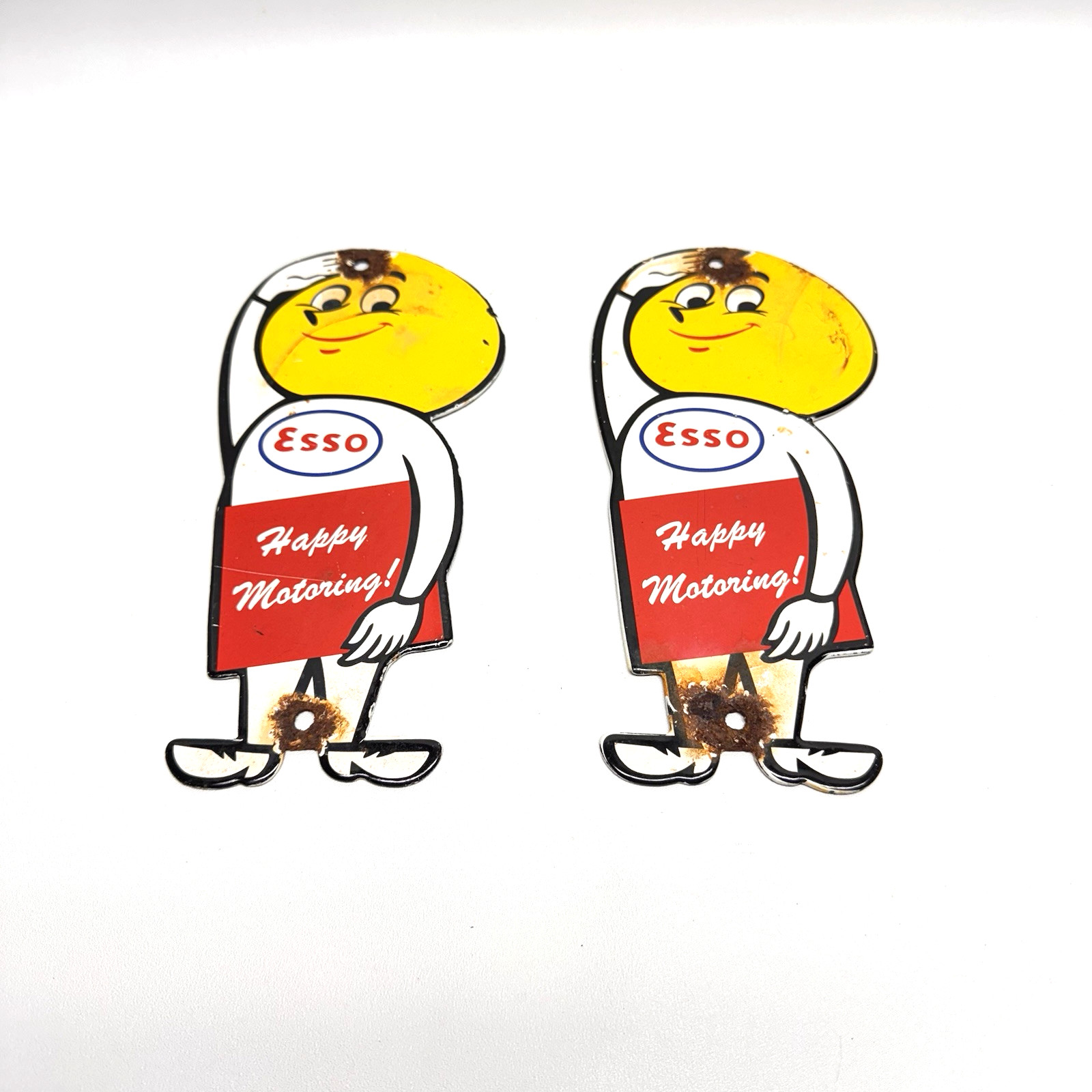 Vintage Esso Oil Drop Happy Motoring Porcelain Sign Service Station Set of 2