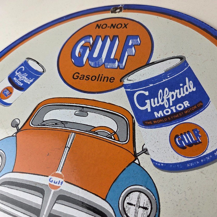 Vintage Volkswagen Bug Gulf Gasoline Sign – Gas Pump Station Porcelain Sign