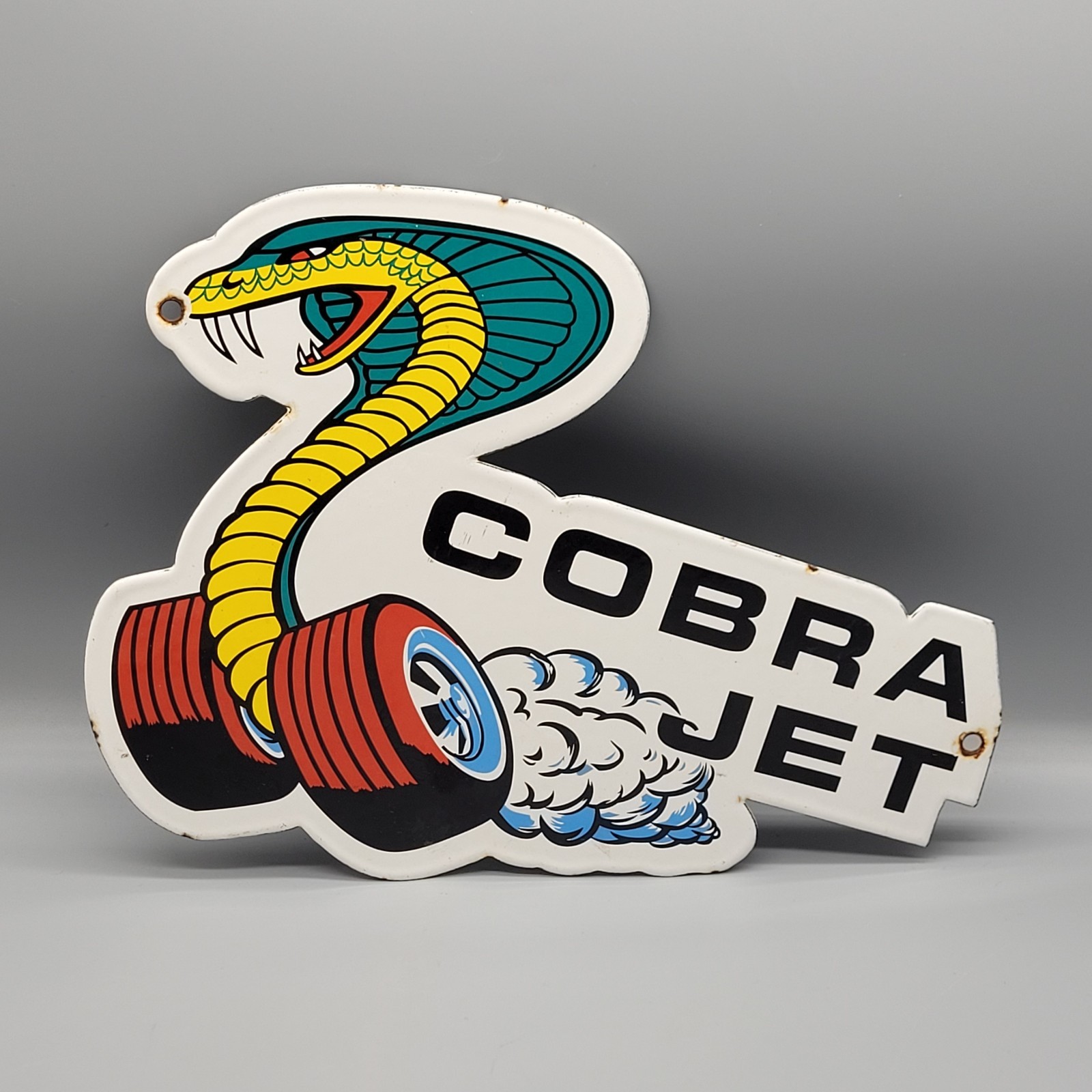 Vtg Ford Cobra Jet Sports Car Snake Engine 12″ Wide Metal Wall Garage Sign