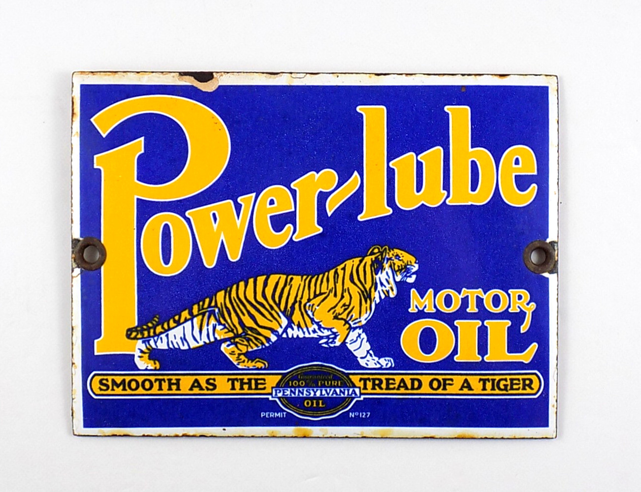 VTG POWER LUBE PORCELAIN METAL SIGN 4-3/4″ x 3-1/2″ MOTOR OIL PUMP LUBRICANT GAS