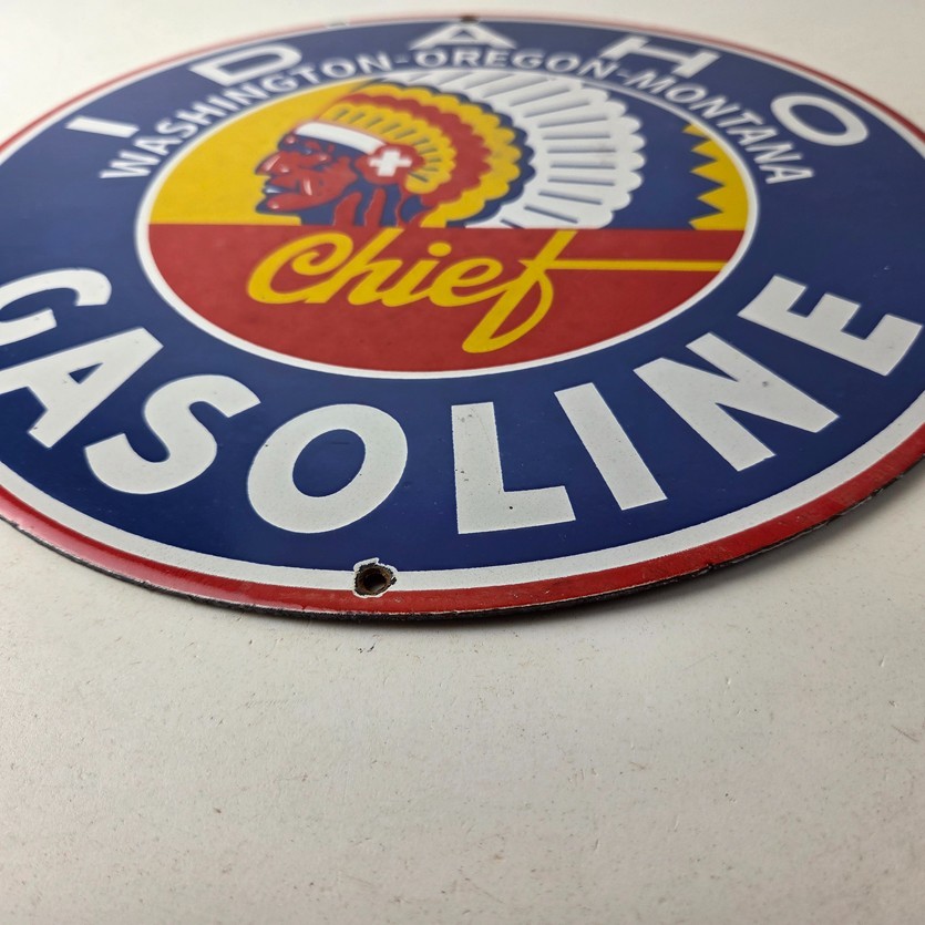 Vintage Idaho Gasoline Sign – Indian Chief Gas Motor Oil Pump Porcelain Sign