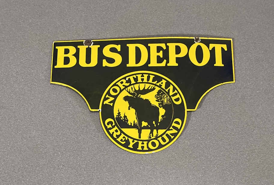 VINTAGE BUS DEPOT GREYHOUND 15” PORCELAIN SIGN CAR GAS OIL TRUCK MOOSE